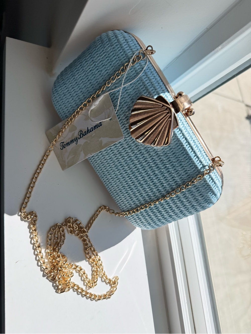 Tommy Bahama Sky Blue Woven Clutch with Gold Shell Clasp